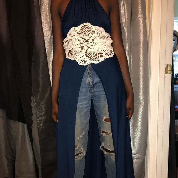 Classic Navy Flower Slit Dress *SOLD* - Picture 2 of 4